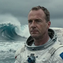 cinematic close up shot of saul goodman wearing the spacesuit in scene from the movie interstellar ,shady dull weather, exteremely giant ocean wave in background  , high quality film still