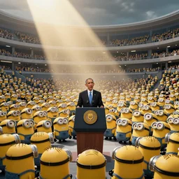 barack obama delivers a speech to a massive crowd of minions