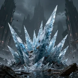 giant thick ice spikes grow angular out of the ground in a gothic medieval cyberpunk city, debris flying around, the feeling of grimdark terror and pain, high quality, detailed, 8 k, unreal engine, octane render, trending on artstation