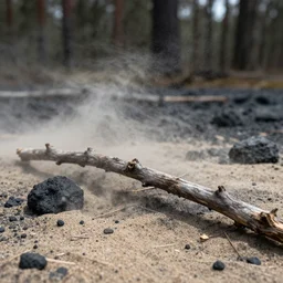close - up of a dry and dead branch in a forest of sand and coal, dust, wind, advertising photography
