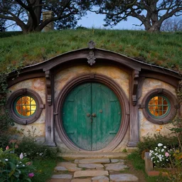 hobbiton architexture with highly intricate door, small garden, evening, highly detailed matte painting, low angle front facing view, by stanley artgerm lau, greg rutkowski, thomas kinkade, alphonse mucha, loish, norman rockwell, artstation