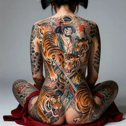 the back of a sitting geisha with yakuza tattoos with intricate designs with tigers and christopher walken as a samurai, amazing detail, sharp, dynamic lighting