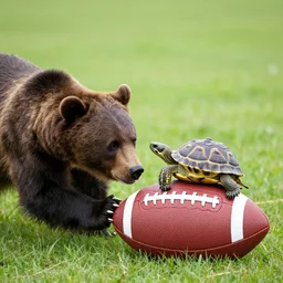 a bear was playing a football on the field. a turtle was sitting on top of the football