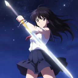 anime girl holding up a sword of light to a starry sky, 4 k, highly detailed