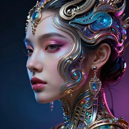 a highly detailed photo of very intricate female face portrait, futurism, rococo cyber neon lighting, detailed futuristic fibonacci jewelry, profile posing, hyper photorealistic, crispy quality, digital photography, trending in pinterest, cinematic, 4 k ultra hd, by denis villeneuve tom anders zorn hans dragan bibin thoma greg rutkowski ismail inceoglu illustrated sand storm alphonse mucha