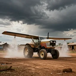 cessna air tractor spraying over nigerian slums, dystopian, dark clouds,