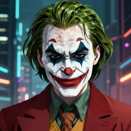 anime fine details portrait of Joker in front of cyberpunk moder city landscape on the background deep bokeh, close-up view, anime masterpiece by Studio Ghibli. 8k, sharp high quality anime, artstation