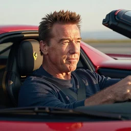 close up of arnold schwarzenegger driving a ferrari f 4 0, photo of the year, golden hour, highly detailed