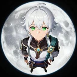 white haired young guy with green eyes on the moon, smiling, beautiful anime portrait, symmetry, ecchi style, makoto shinkai, genshin impact, high quality, art, long shot, fisheye