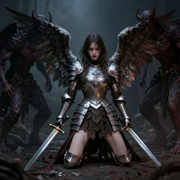 fallen young female angel one one knee with tarnished armor and wings holding a sword with demons around her, render, dark, gothic, 4 k