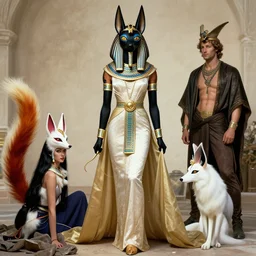 anubis goddess editorial, ancient egyptian haute couture by alexander mcqueen, kitsune still frame from'stargate'( 1 9 9 4 ), goddess kitsune by michelangelo, expressive editorial by malczewski
