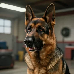 film still of furry anthro anthropomorphic german shepard head animal person fursona in a garage in an action movie 2020, 4k