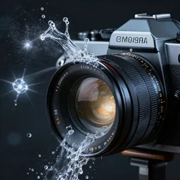 magical spells pouring out of a hyper realistic vintage camera lens like water by weta studio
