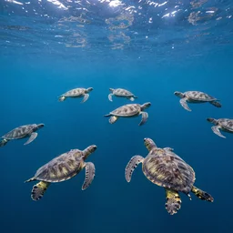 lots of sea turtles swimming in the ocean, wide angle shot by greg rutkowski