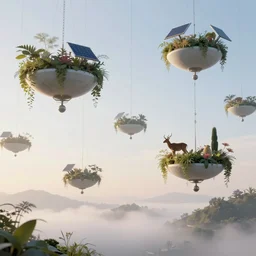 candid photo of sunrise atmospherics in a minimalist futuristic solarpunk utopia, hanging solar gardens from with animals and humans walking in peace, brilliant daylight, leica 8 k still from an a 2 4 film