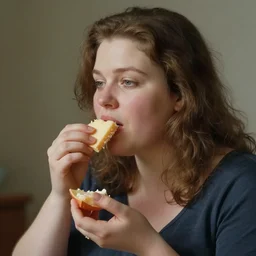 a beautiful curvy woman eating cheese, hyperrealistic, very detailed, 4 k, by peter doig