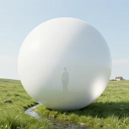 standing in a field with a house in the distance, a small stream flowing through the field, standing inside a giant sphere