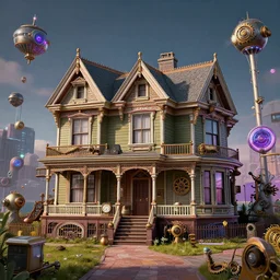 Victorian era house surrounded by modern age steampunk machinery, synthwave, randomwlabdi, kaoxuenap, style by laudbhsp