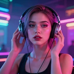 cyberpunk beautiful woman self portrait listening to music in a colourful club, macro, vibrant, 3 0 mm photography, wide shot, dramatic lighting, octane render, hyperrealistic, high quality, highly detailed, artstation, hd, beautiful, cinematic, 8 k, unreal engine, facial accuracy, symmetrical