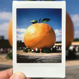 instax polaroid film photo of the world's largest orange fruit roadside attraction, kitschy tourist trap, nostalgia, faded glow, expired film analog photography