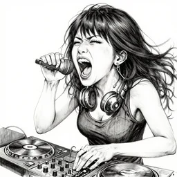 a very intricate portrait of female disc jockey yelling screaming shouting, realistic drawing ink, tsutomu nihei, cover art