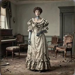detailed well - preserved daguerreotype of female android in beautiful victorian dress standing in decaying guest room with piano chairs furniture