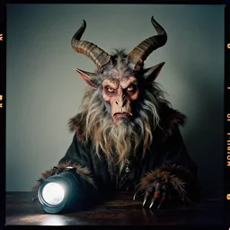 kodak portra 4 0 0, 8 k, wide flashlight shot of a highly detailed, britt marling style, colour still - life portrait of a krampus in muted colours