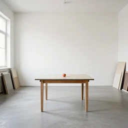 A happy 10ft by 10ft art studio empty except for a table in the middle of the room with an apple on the table, table is centered