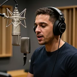 A photograph of a bird wearing headphones and speaking into a high-end microphone in a recording studio.