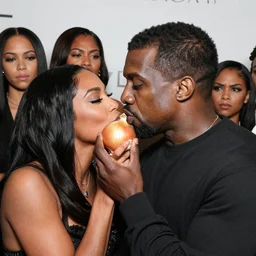 Kanye West kissing an onion while the women in the room look on angrily