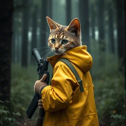 portait of a cute humanoid cat soldier wearing a yellow raincoat, venturing through a dense forest, carrying a rifle. realistic 4 k octane render, epic composition, magical atmosphere, ultra hd, masterpiece by petros afshar and rembrandt, trending on artstation, looking back over shoulder, pastel colors, extremely detailed, gorgeous