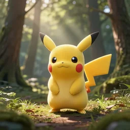 Adorable life sized pikachu standing at a distance in the forest. Backlit with rays of sunlight. 35mm.