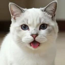 A photograph of a white cat with black fur around her eyes sticking tongue out, looking at camera, 8k