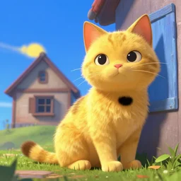 golden cat with a black spot on her trunk, an old house with a window over a hill, blue sky, trending on artstation, trending on deviantart, pixar movie, colorul, vibrant colors
