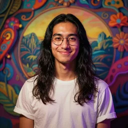 colorful and Festive Captivating young man with long monalisa like black hair, round glasses, white t-shirt, smiling, innocent look. rich vivid colors, ambient lighting, dynamic lighting, 4k, atmospheric lighting, painted, intricate, highly detailed by Charlie Bowater