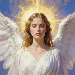 in the style of Joshua Middleton art, goddess, Evan Rachel Wood, pale, holy, angelic, gorgeous, white dress, symmetrical face, symmetrical eyes, sky, high fantasy, warm lighting, analog photography, painting, gold, blue, white, purple
