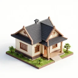 small cute assam type house, 1 0 0 mm, 3 d render, isometric, diorama, white background