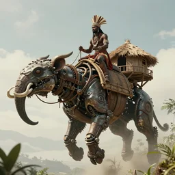 an concept art illustration, african tribal man riding on a large floating mechanical animal biome, megafauna, coconut hut shack, daytime, natural light, cinematic, fantasy, style by wlop, trending in artstation, cgsociety, octane render, ultra sharp, unreal engine, 8 k