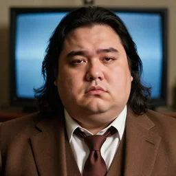 Close up portrait of a clean-shaven chubby man with long black hair wearing a brown suit and necktie with a television in the background. Photorealistic. Award winning. Dramatic lighting. Intricate details. UHD 8K. He looks sad.