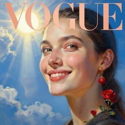 3 d, sci - fi, close - up, morning, smiling fashion model face, sun, cinematic, clouds, sun rays, vogue cover style, poster art, blue mood, realistic painting, intricate oil painting, high detail illustration, small red roses, figurative art, multiple exposure, poster art, by tooth wu and wlop and beeple and greg rutkowski