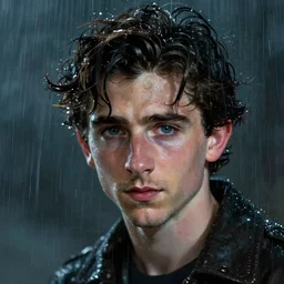 timothee chalamet, raining, close up, rim lighting, portrait, sinister atmospheric lighting. highly detailed painting by greg rutkowski, anime style