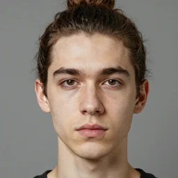 young man with high cheekbones, small chin, narrow nose, fair skin, brown eyes, patchy black stubble, long brown hair tied up in a bun