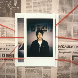 a wall covered in newspaper headlines with red yarn linking them, made by a schizophrenic journalist, polaroid photograph