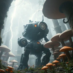 giant biomechanical robot inside otherworldly fungi forest, studio lightning, neil gaiman, maria panfilova, andrea savchenko, mike kime, ludovic plouffe, qi shengluo, oliver cook, julian calle, eddie mendoza, trending on artstation