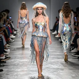 a model wearing a jellyfish dress walking the catwalk wearing a jellyfish hat by anny leibovitz, greg rutkowski, paolo roversi, ( ( ( mucha ) ) ) ( ( ( iris van herpen ) ) ), low shot