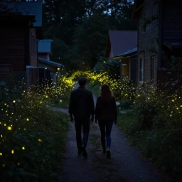 a couple walking in a poor neighborhood surrounded by fireflies, cinematic lighting, wow, establishing shot