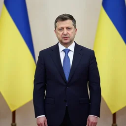 the president of ukraine stands at the front in a photorealistic way
