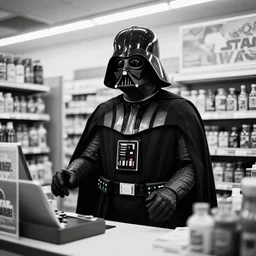 film still of Darth Vader working as a clerk in a convenience store in the new Star Wars movie, 4k, black and white