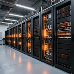 a vast and modern Cray supercomputer datacenter. shiny floor, exposed circuit boards and complexes of wiring,  orange glowing nixie tubes and tesla coils.