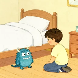 a boy finds a small monster under his bed in the style of p. d. eastman